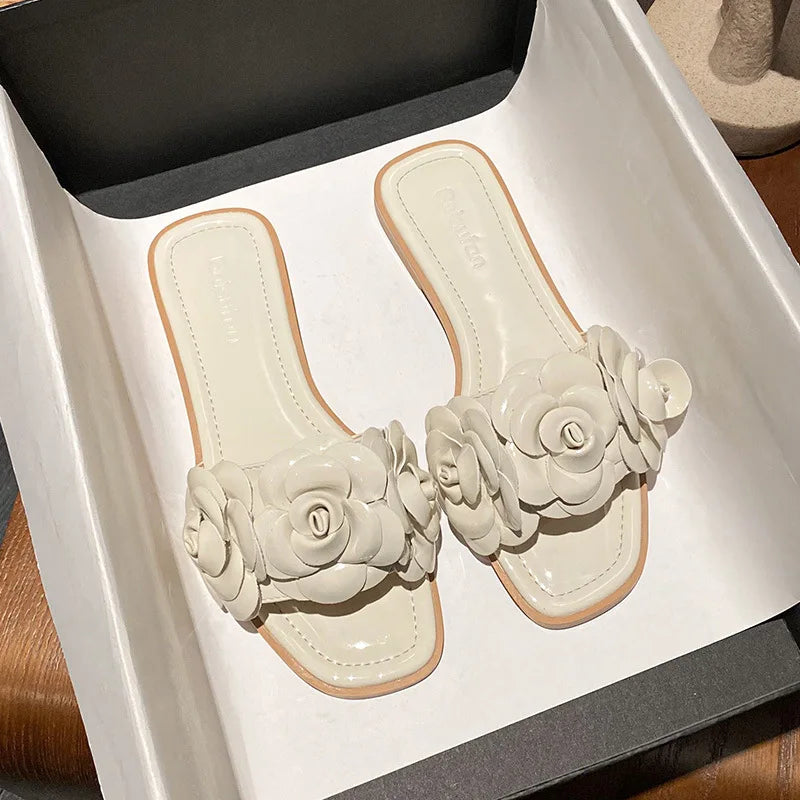 Summer New Shoes for Women Fashion Slipper Beautiful Camellia Slides Girl Sweet Flowers Sandals